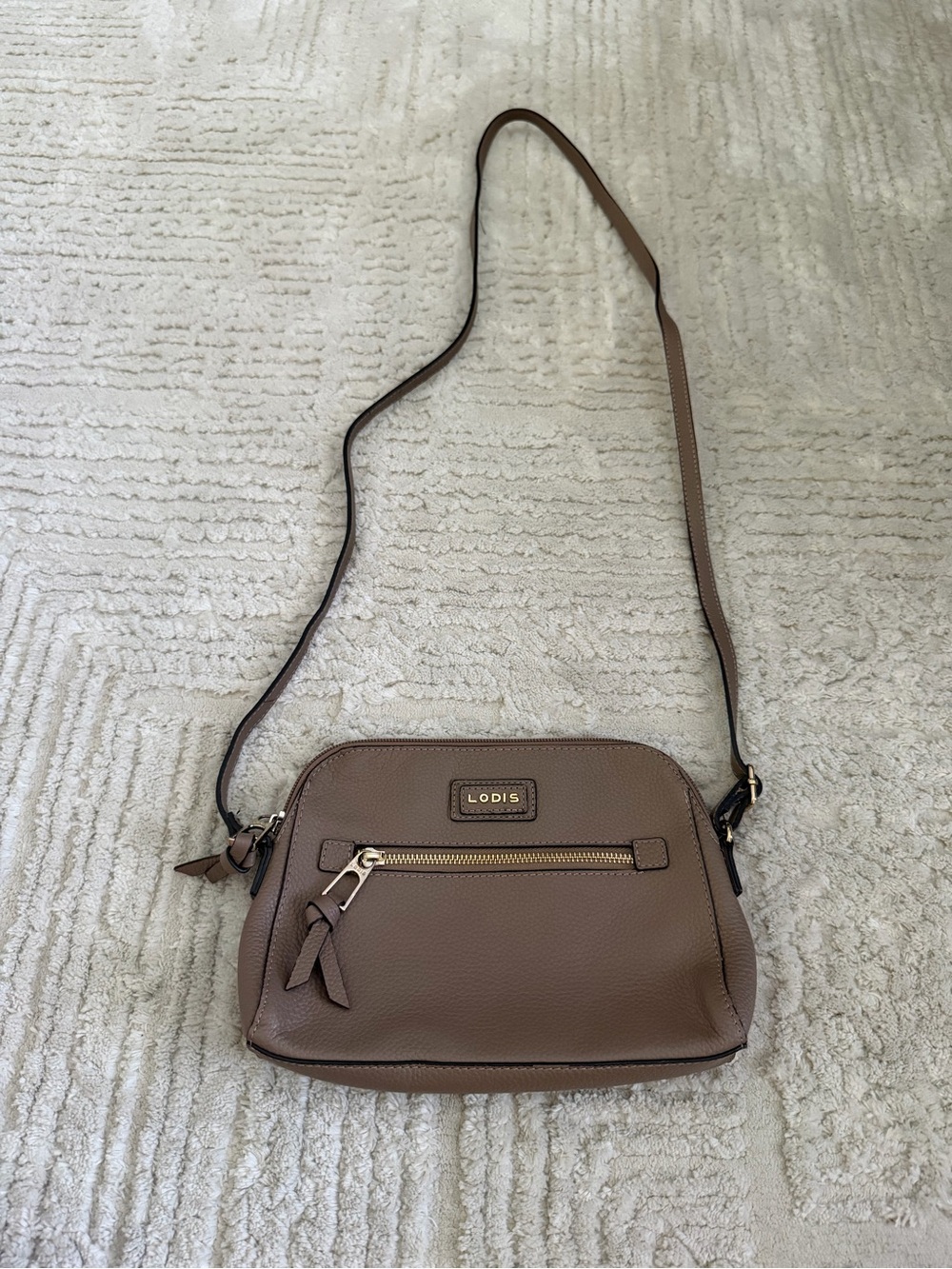 LODIS Taupe Brown Pebbled Crossbody Bag Multi Zip Pocket Purse